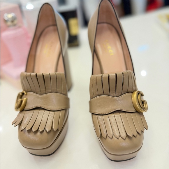 Gucci Shoes - Gucci Beige Leather Fringe Heels Double G Logo Leather Pumps